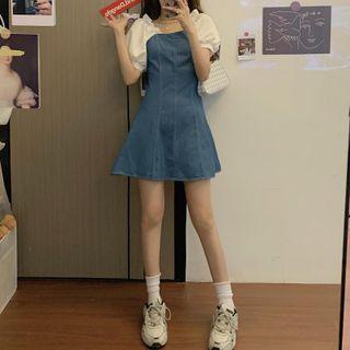 Puff-sleeve Frill Trim Denim Mini A-line Dress