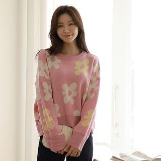 Pastel Round-neck Flower-pattern Sweater