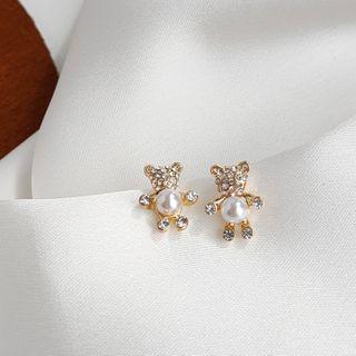 Rhinestone Faux Pearl Bear Earring