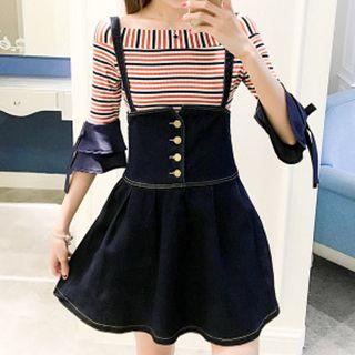 Set: Denim Mini Jumper Skirt + Elbow-sleeve Striped Top