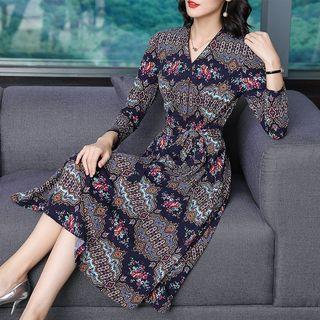 Long-sleeve Print A-line Dress With Sash