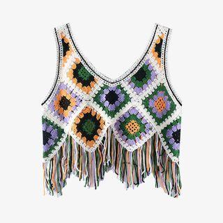 Color Block Fringe Crochet Tank Top
