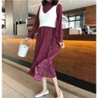 Floral Long-sleeve Chiffon Midi Dress / Knit Vest