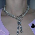 Bow Rhinestone Layered Faux Pearl Alloy Choker Silver - One Size