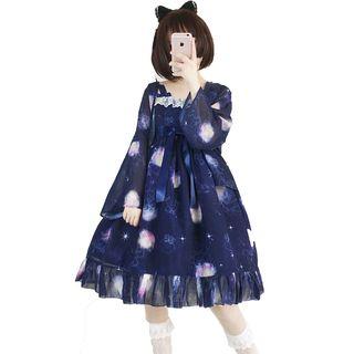 Strapped Jellyfish Print Frill Trim A-line Dress / Chiffon Jacket
