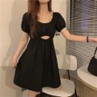 Short-sleeve Plain Cut-out Dress Black - One Size