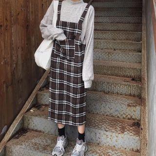 Long-sleeve T-shirt / Plaid Midi Pinafore Dress