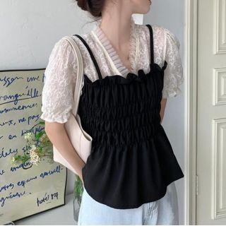 Mock Two-piece Lace Panel Blouse Black & White - One Size