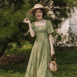 Puff-sleeve Square-neck Embellished Midi A-line Dress