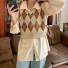 Plain Blouse / Knitted Argyle Waistcoat