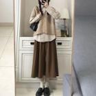 Button Knit Vest / Long-sleeve Plaid Shirt / Midi A-line Skirt / Set