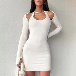 Set: Long-sleeve Crop Top + Halter Mini Sheath Dress