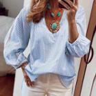 Balloon Lace Sleeve V-neck Striped Blouse