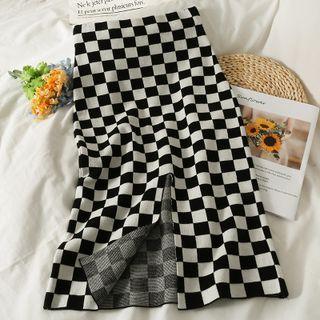 Checkerboard Slit-back Midi Skirt Black - One Size