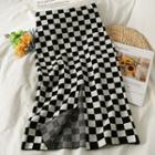 Checkerboard Slit-back Midi Skirt Black - One Size
