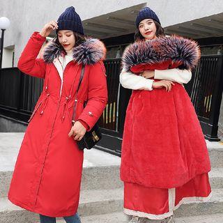 Furry Trim Zip Padded Long Jacket