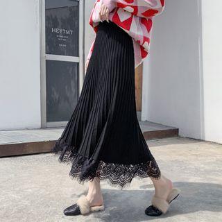 Lace Panel Midi A-line Knit Skirt