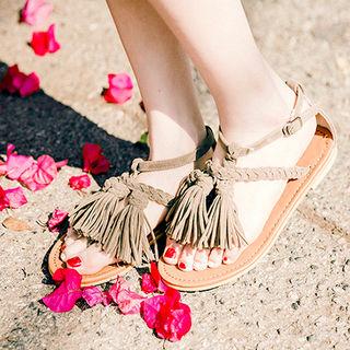 Tasseled Embroidered-strap Flat Sandals