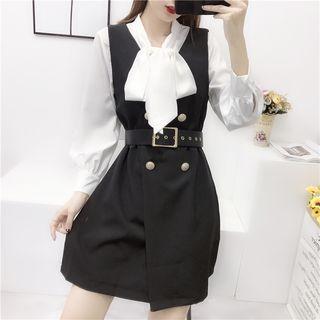 Long Sleeve Tie-neck Dress + Double Breasted Vest