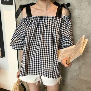 Plaid Elbow-sleeve Cold Shoulder Top