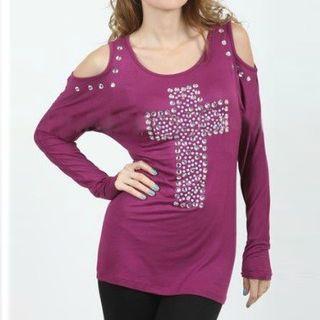 Rhinestone Cross Cold Shoulder Long-sleeve T-shirt