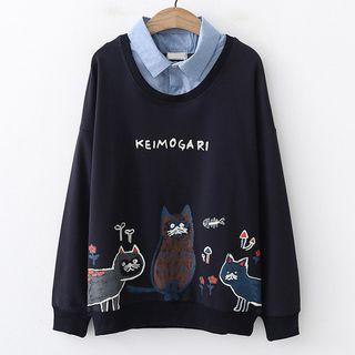 Mock Two-piece Cat-print Sweatshirt
