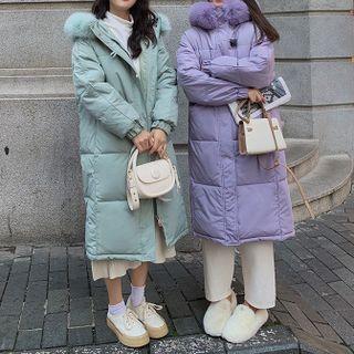 Long-sleeve Plain Furry Trim Padded Jacket