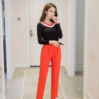 Set: Contrast Trim Long Sleeve Knit Top + Plain Slim Fit Pants