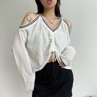 Cold Shoulder V-neck Crochet Drawstring Knit Top