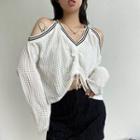 Cold Shoulder V-neck Crochet Drawstring Knit Top