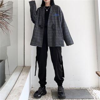 Plaid Lettering Buckled Blazer