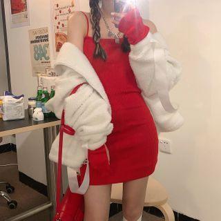 Set: Spaghetti Strap Knit Dress + Arm Sleeves With Arm Sleeves - Dress - Red - One Size