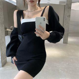 Set: Knit Shrug + Spaghetti Strap Knit Mini Bodycon Dress Set - Black - One Size