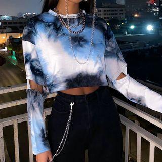 Long Sleeve Tie-dyed Distressed Crop Top