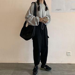 Drawcord Cropped Pullover / Buckled Cargo Harem Pants