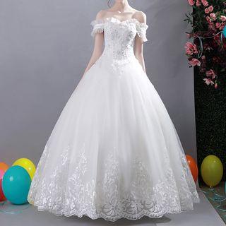 Embroidered Short-sleeve Off-shoulder Wedding Ball Gown