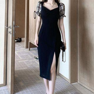 Plaid Panel Puff-sleeve Midi Sheath Dress