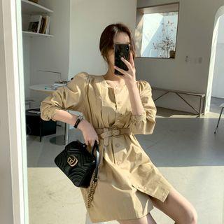 Puff-sleeve Pintuck Belted Minidress