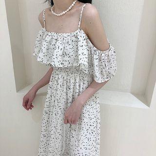 Elbow-sleeve Cold Shoulder Patterned A-line Midi Dress