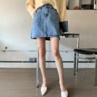 Patch-pocket Washed Denim Miniskirt