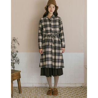 Plaid Midi Flannel Shirtdress With Sash