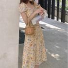 Short-sleeve Frill Trim Floral Print Midi A-line Dress