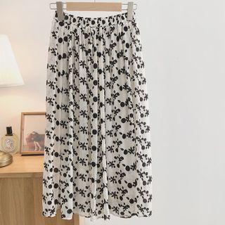 Floral Midi A-line Skirt Black Dots & Flowers - White - One Size