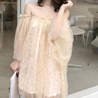 Off-shoulder Long-sleeve Star Print Mini Mesh Dress