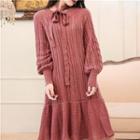 Tie Waist Long-sleeve Cable Knit Dress