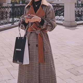 Color Panel Plaid Double-breasted Wool Coat