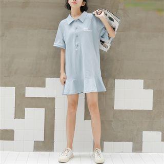 Elbow-sleeve Lettering Mini Polo Dress