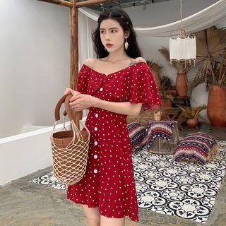 Off-shoulder Mini Dotted A-line Dress