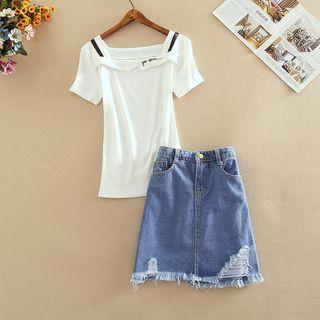 Short-sleeve Top + Denim Skirt Set