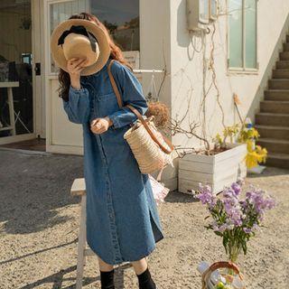 Pocket-front Denim Long Shirtdress Blue - One Size